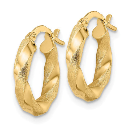 14k Yellow Gold Brushed and Polished Twisted Hoop Earrings Gift for Women