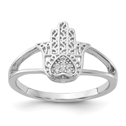 Sterling Silver Rhodium-plated CZ Heart Hamsa Ring Size 7