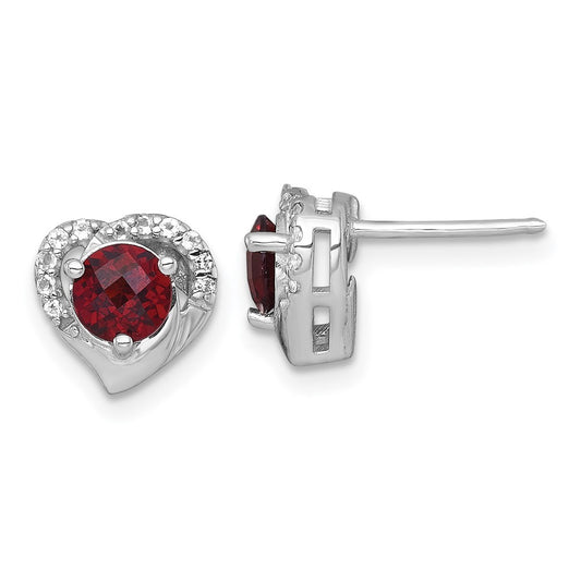Sterling Silver Rhodium-plated Polished Garnet and White Topaz Heart Earrings