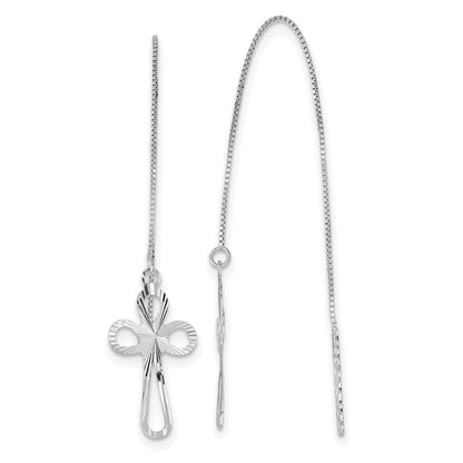 14K White Gold Polished Diamond-cut Box Chain Cross Threader Earrings