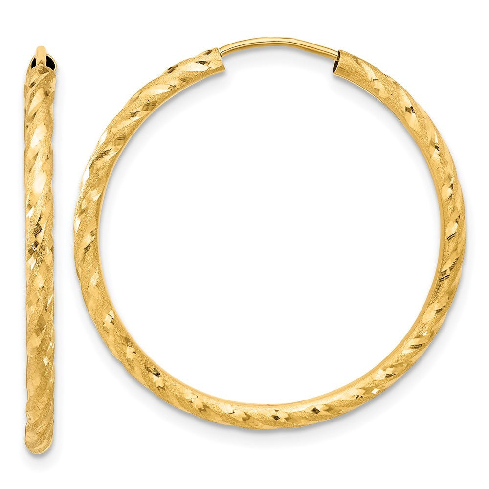 14k Yellow Gold Polished and Satin Diamond-Cut 2mm Endless Hoop Earrings
