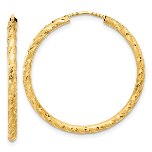 14k Yellow Gold Polished and Satin Diamond-Cut 2mm Endless Hoop Earrings
