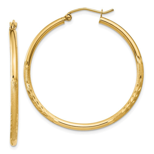 14k Yellow Gold Satin and Diamond-cut 2mm Round Tube Hoop Earrings