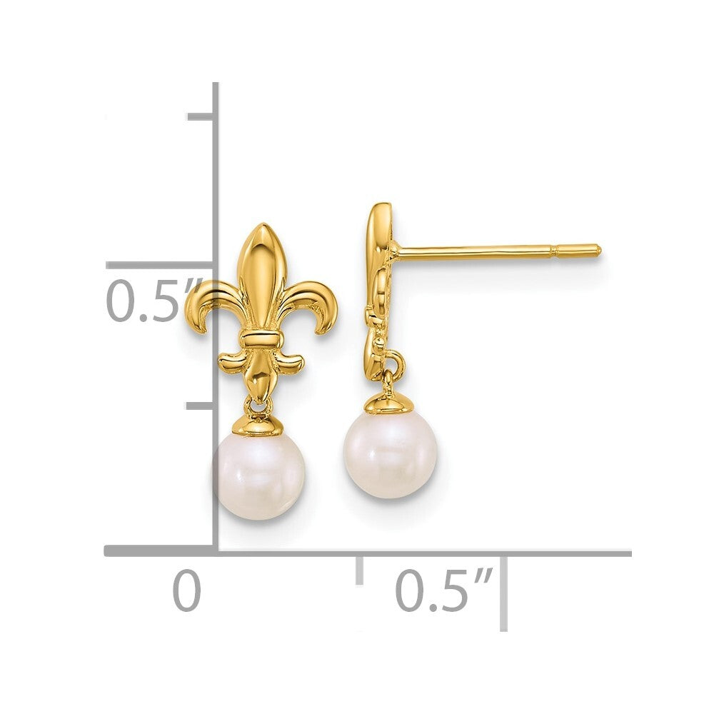 14k Yellow Gold Polished Fleur de Lis 3-4mm Cultured Pearl Dangle Earrings