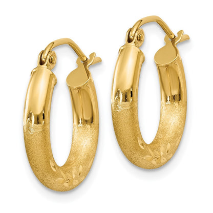 14k Yellow Gold Satin and Diamond-cut 3mm Round Hoop Earrings