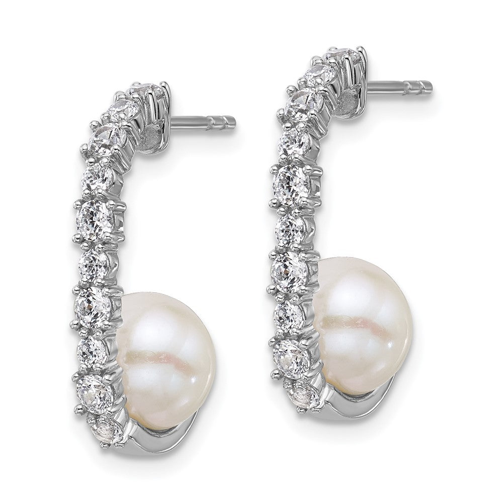 Sterling Silver Polished CZ & 7-8mm Freshwater Cultured Pearl J-Hoop Earrings