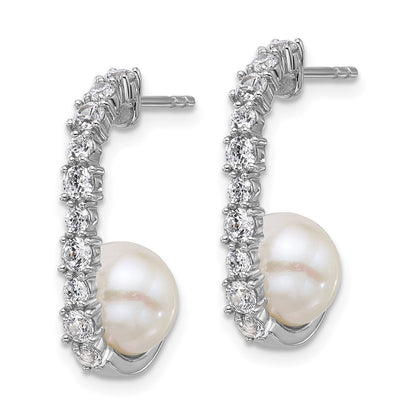 Sterling Silver Polished CZ & 7-8mm Freshwater Cultured Pearl J-Hoop Earrings