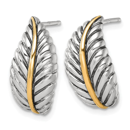 Sterling Silver Antiqued with 14k Accent Polished Feather Drop Earrings