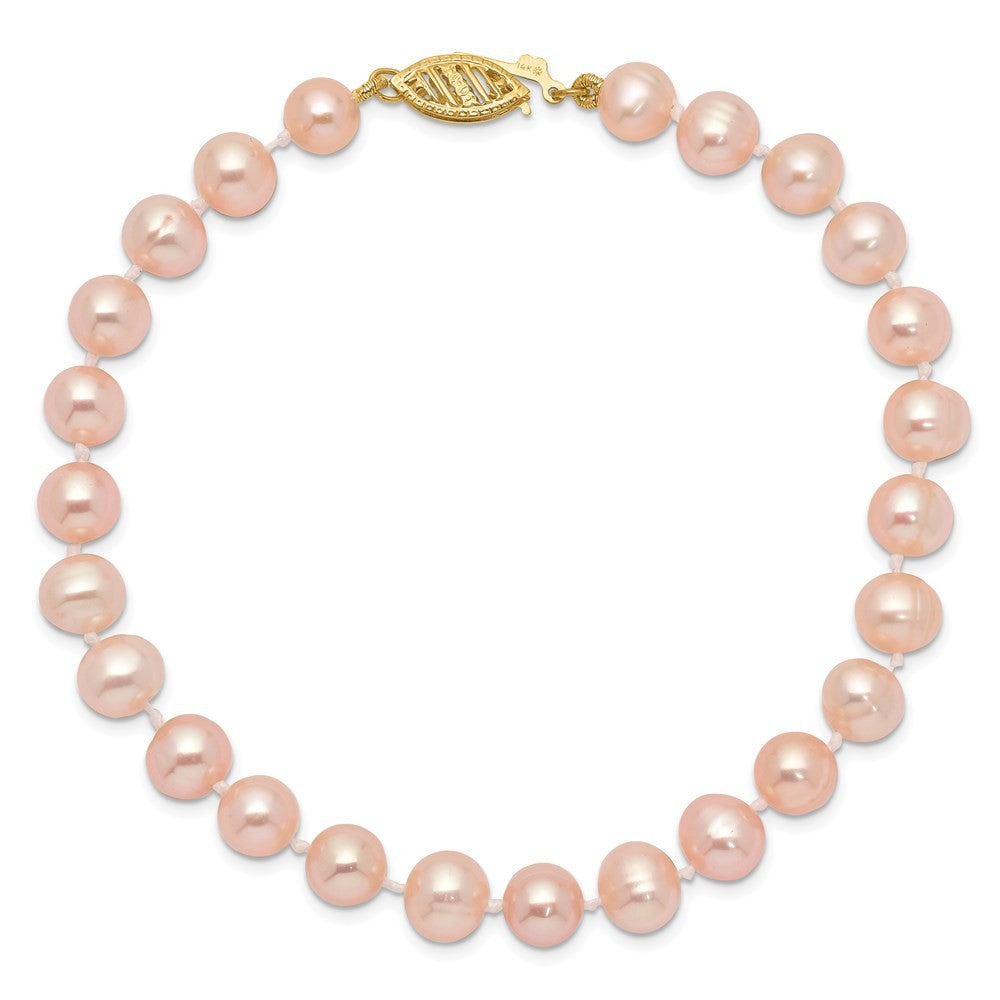 14k Yellow Gold 6-7mm Pink Near-Round Freshwater Cultured Pearl 7.5" Bracelet