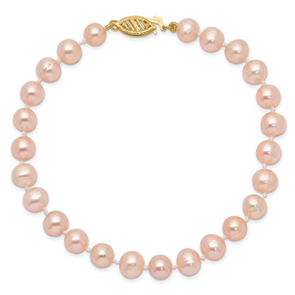 14k Yellow Gold 6-7mm Pink Near-Round Freshwater Cultured Pearl 7.5" Bracelet