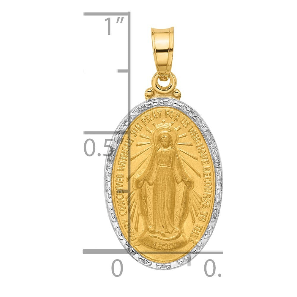 14k Yellow Gold with Rhodium Satin Polished Miraculous Medal Solid Oval Pendant