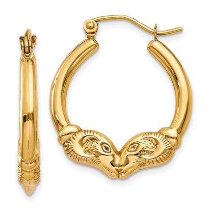 14k Yellow Gold Polished Ram Hoop Earrings Gift for Women