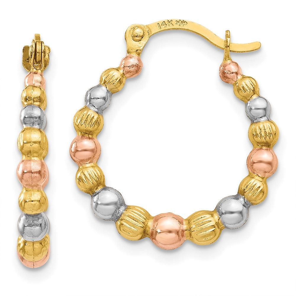 14k Yellow Gold & White and Rose Rhodium Beaded Hoop Earrings