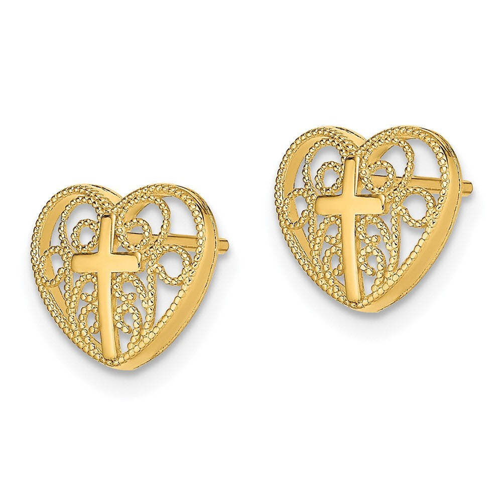14k Yellow Gold Heart Cross Stud Earrings Gift for Women
