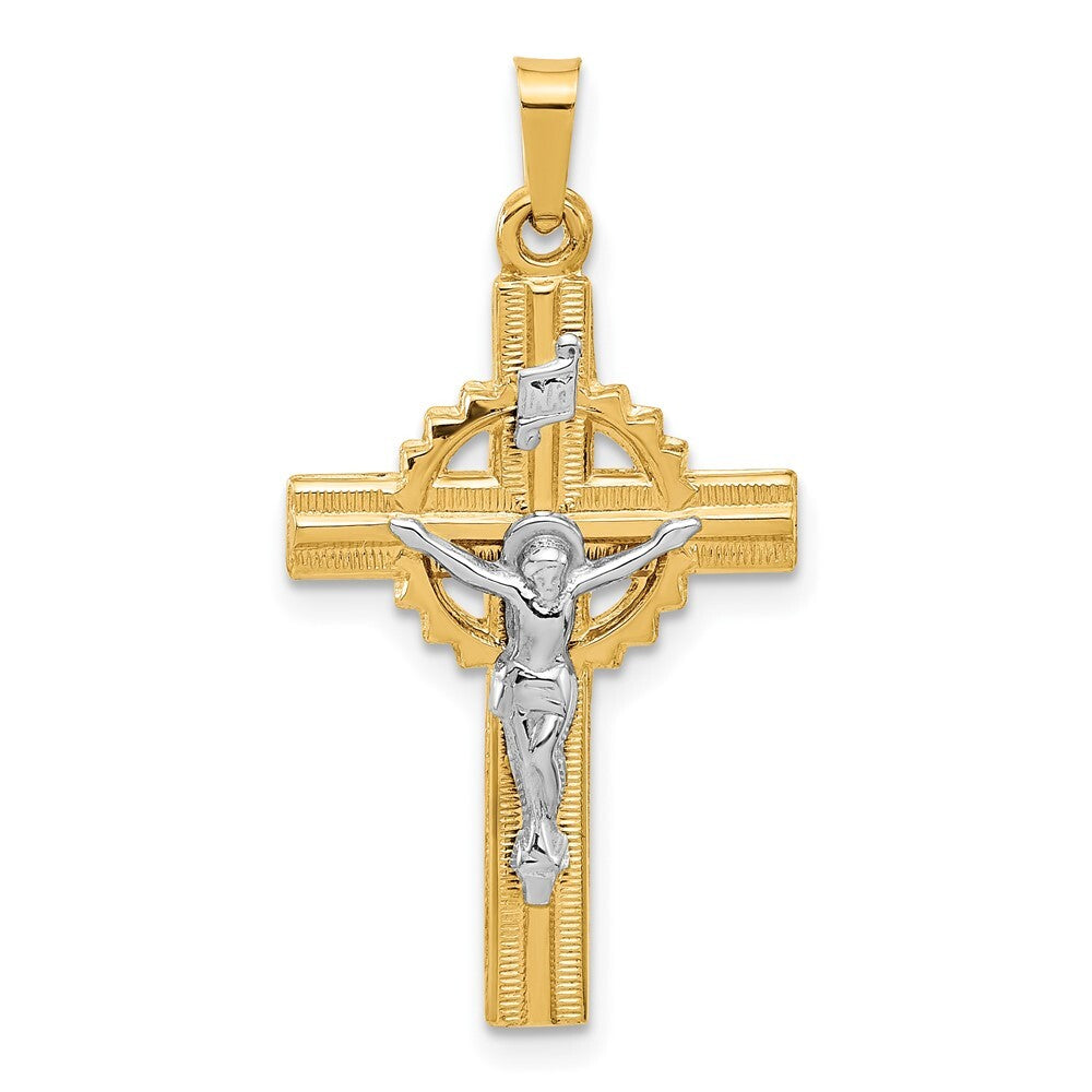 14k Two-tone Gold Hollow INRI Crucifix Pendent for Women