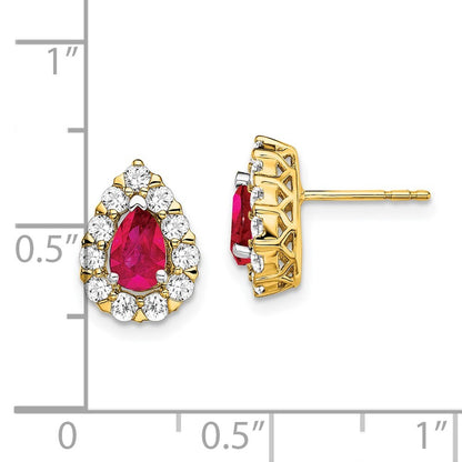 14k Yellow Gold Pear Ruby and Diamond Halo Stud Earrings