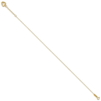 14k Yellow Gold Cable Chain with Diamond-cut Heart Cage Dangle 11" Anklet