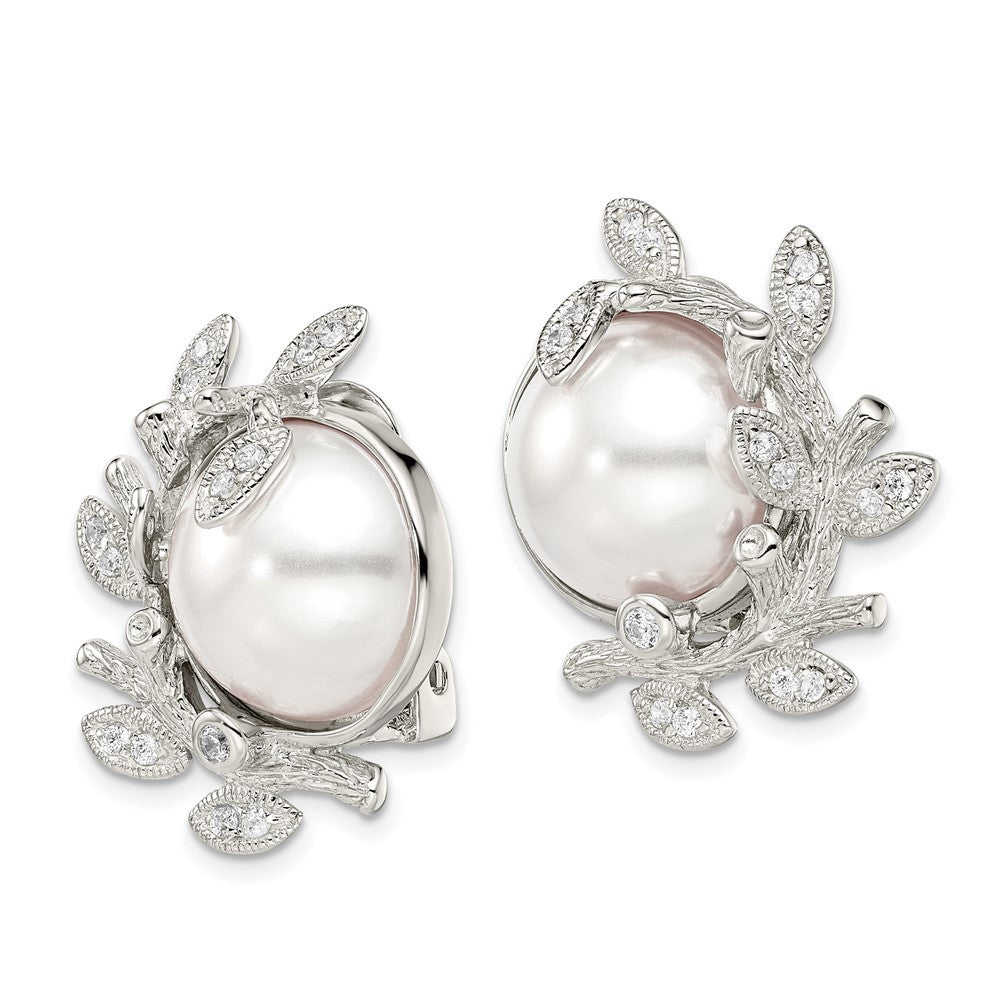 Sterling Silver Polished & Textured Fancy Pearl & CZ Leaf Non Pierced Earrings