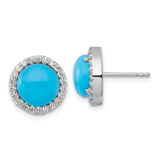 Sterling Silver Rhodium-plated  CZ Halo and Turquoise Cabochon Circle Earrings