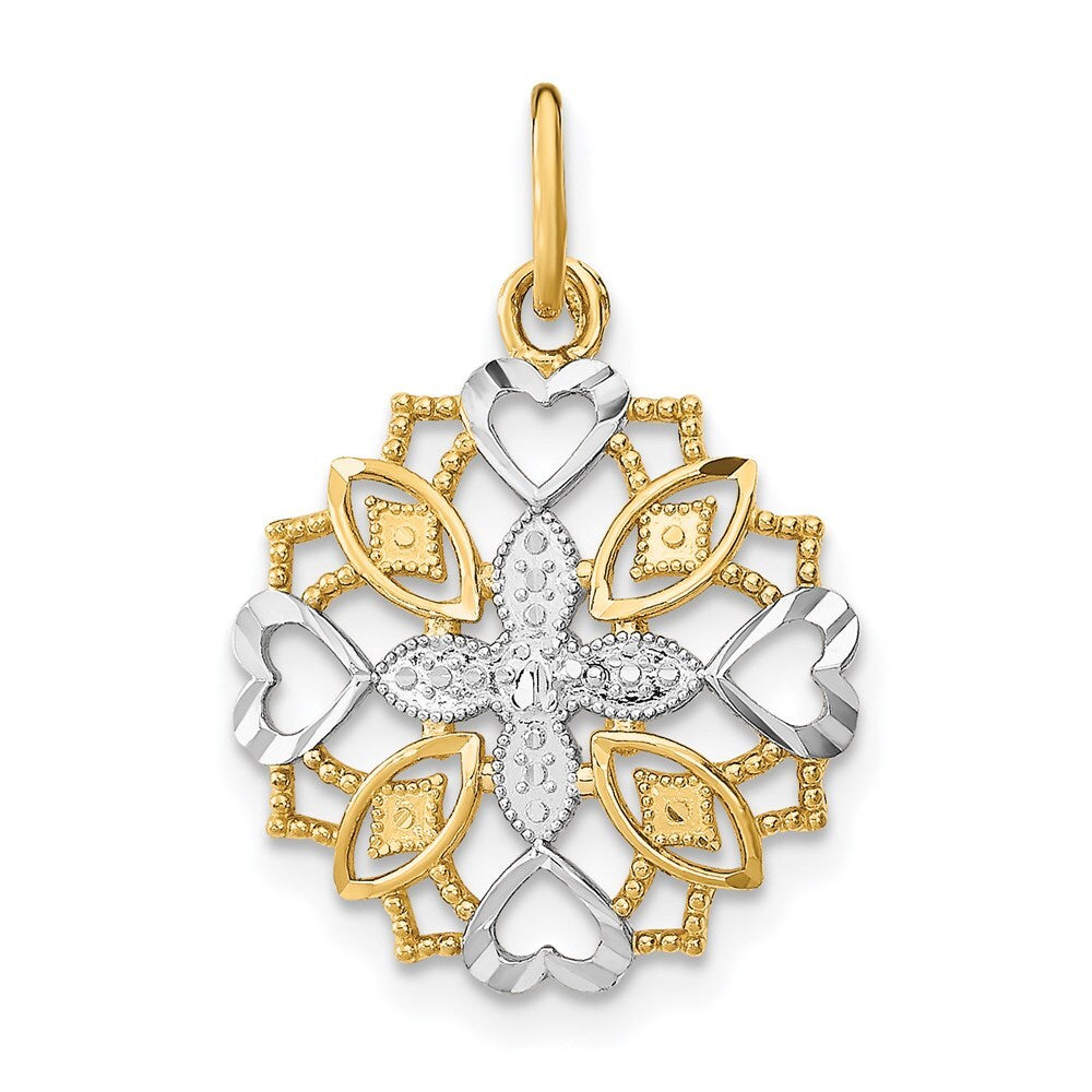 14k Yellow Gold Rhodium Center Flower and Heart Charm Pendant for Women