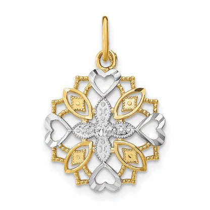 14k Yellow Gold Rhodium Center Flower and Heart Charm Pendant for Women