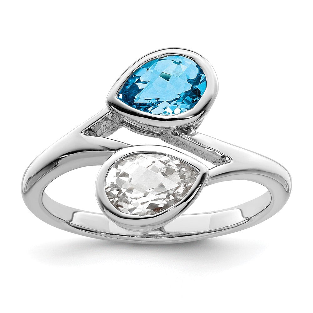 Sterling Silver Rhodium-plated Polished Blue & White Topaz ByPass Ring Size 6