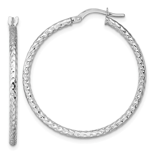 14k White Gold Polished Diamond-cut Textured 2 x 32mm Tube Hoop Earrings
