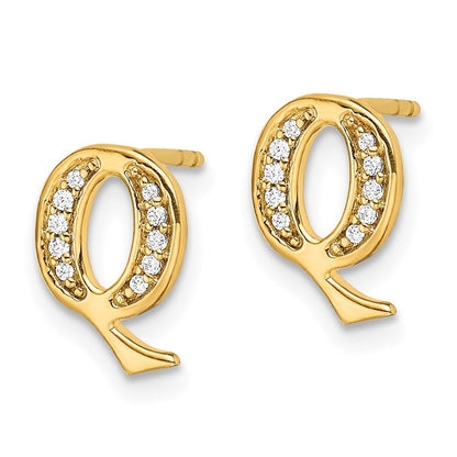 14k Yellow Gold Diamond Initial Q Stud Earrings Gift for Women
