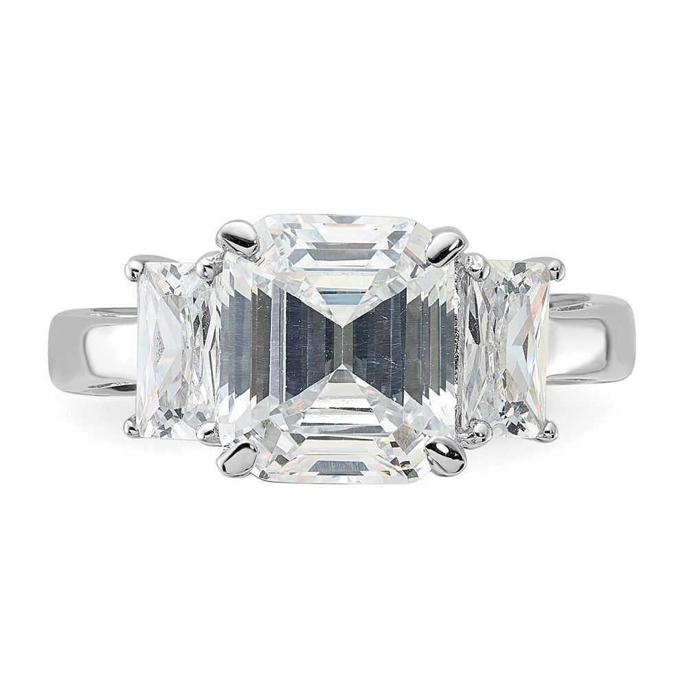 Sterling Silver Rhodium-plated Emerald-cut Cubic Zirconia 3-stone Ring Size 7