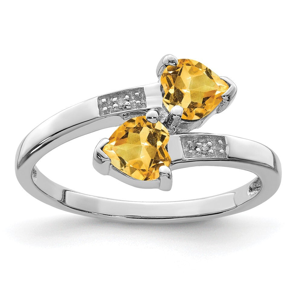 Sterling Silver Rhodium Citrine & Diamond Heart Ring Size 8