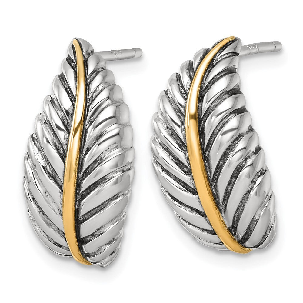 Sterling Silver Antiqued with 14k Accent Polished Feather Earrings