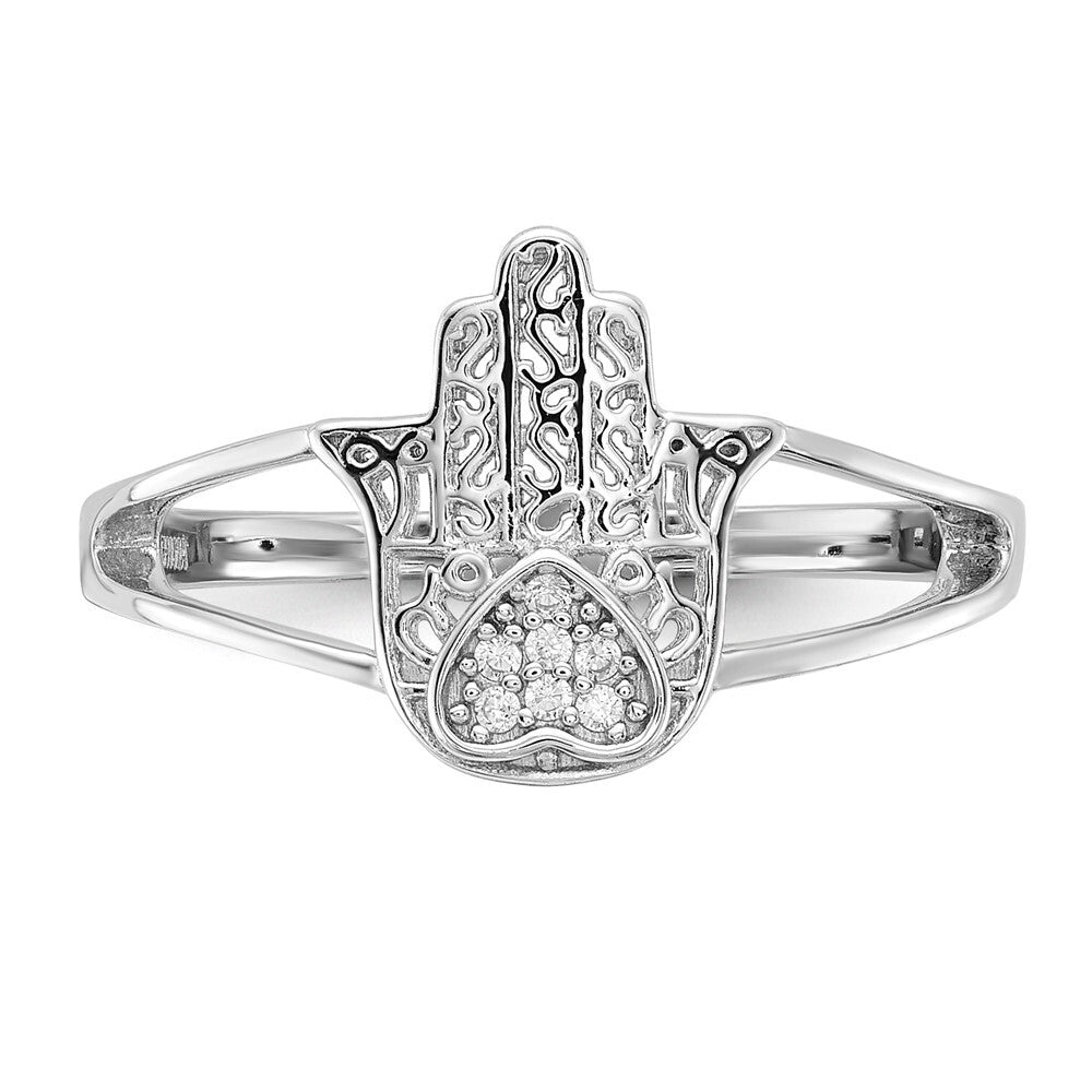Sterling Silver Rhodium-plated CZ Heart Hamsa Ring Size 8