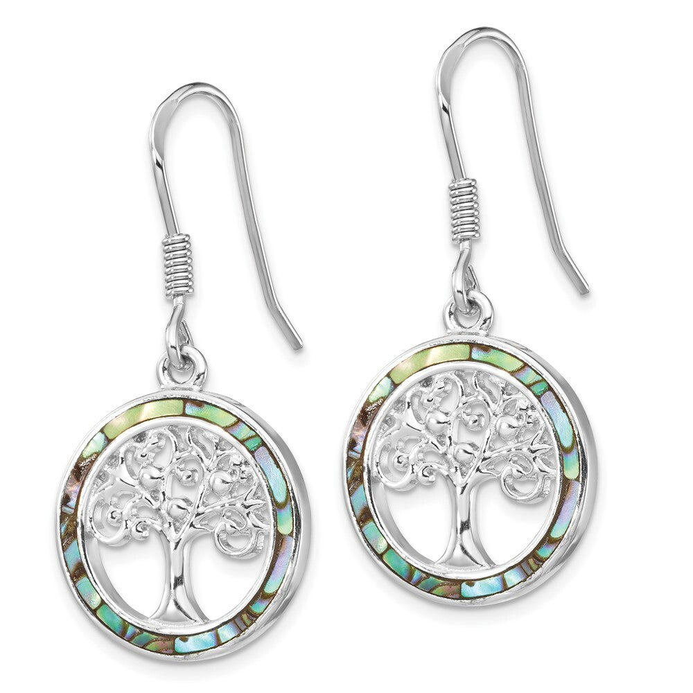 Sterling Silver Rhodium-plated Abalone Circle Tree Dangle Earrings