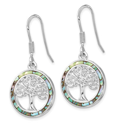 Sterling Silver Rhodium-plated Abalone Circle Tree Dangle Earrings