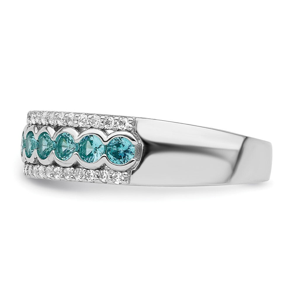 Sterling Silver Rhodium plated Aqua & White CZ Band Size 6