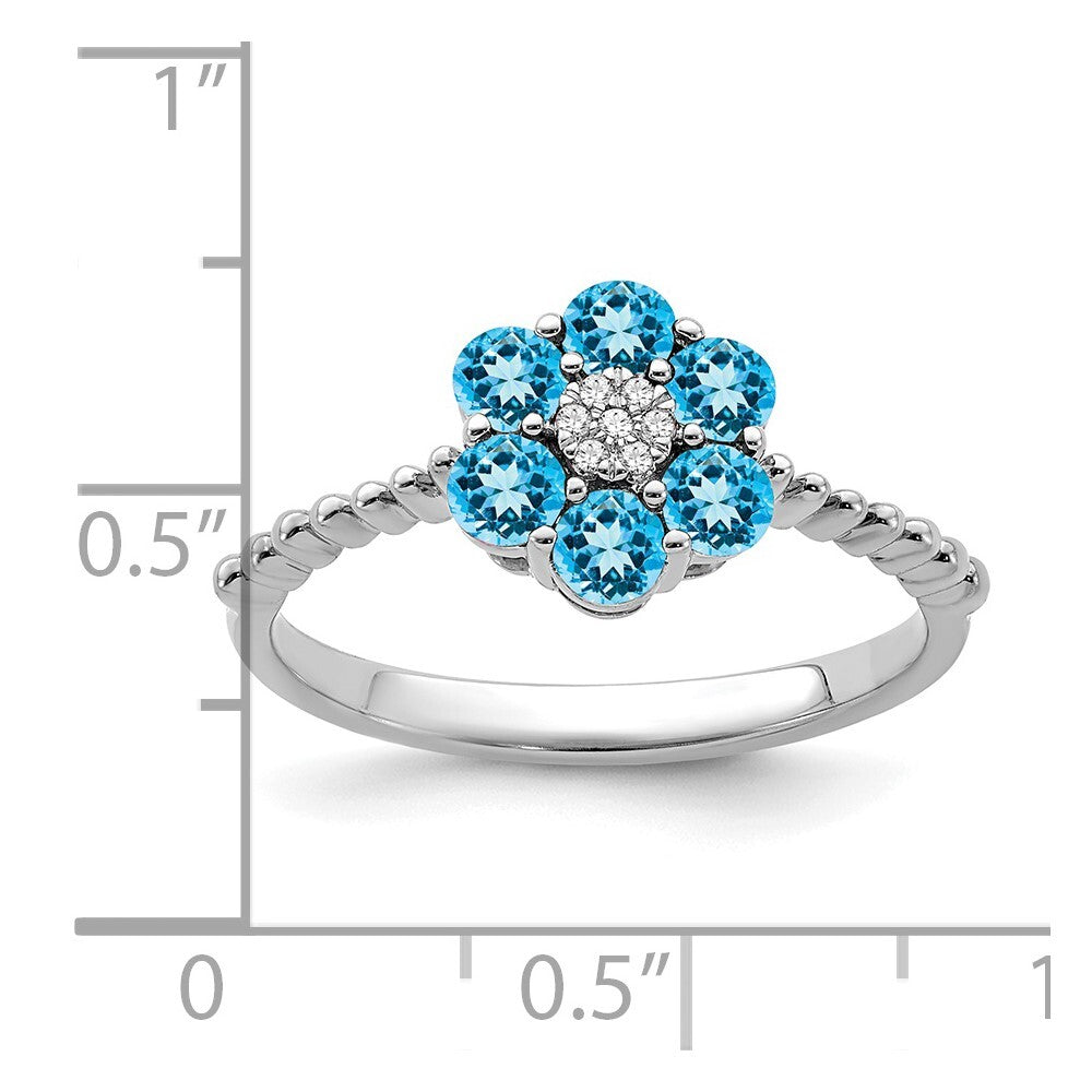 14k White Gold Blue Topaz and Diamond Floral Ring Size 7