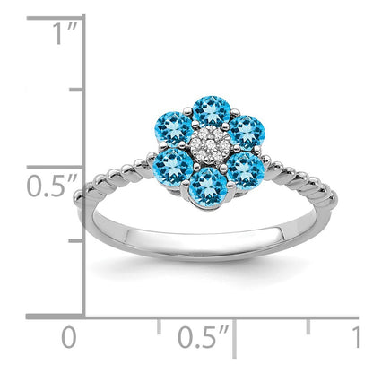 14k White Gold Blue Topaz and Diamond Floral Ring Size 7