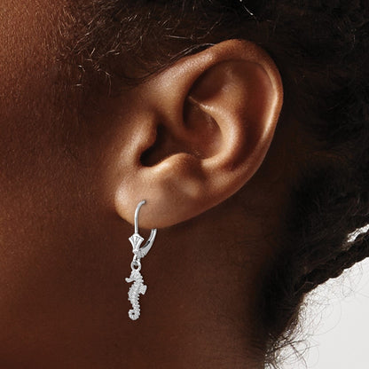 14K White Gold 3-D Seahorse Drop Dangle Earrings