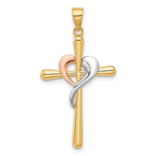 14k Two-tone Gold with White Rhodium Polished Cross with Heart Pendant