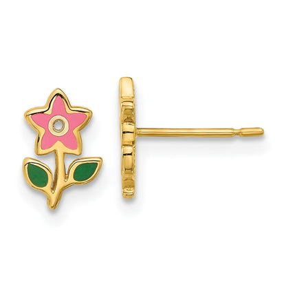14k Yellow Gold Polished Enameled Flower Stud Earrings Gift for Women