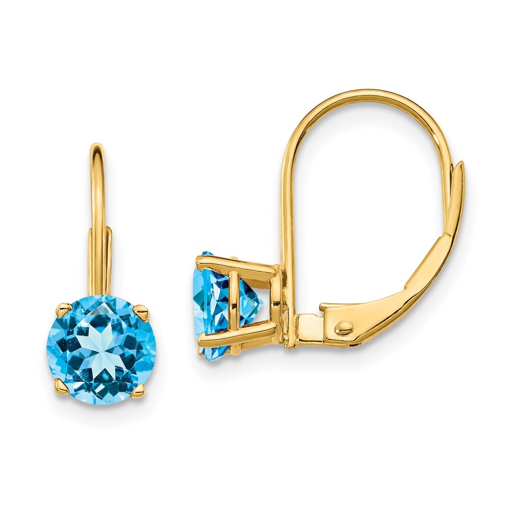 14k Yellow Gold 6mm Blue Topaz Dangle Earrings Leverback Gift for Women