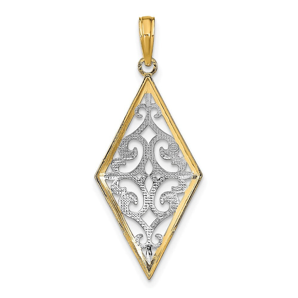 14k Yellow Gold Rhodium Diamond Shape Cut-Out Filigree Charm Pendant for Women