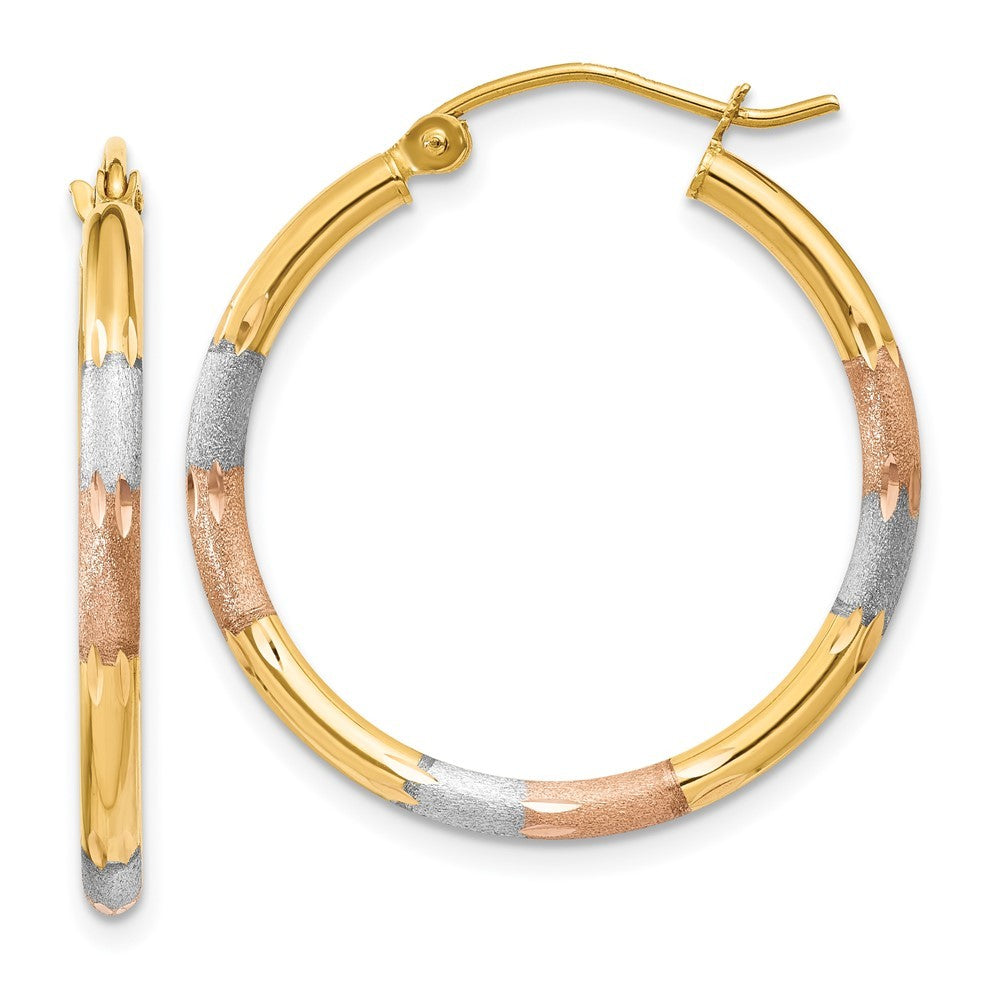 14k Yellow Gold White and Rose Rhodium 2mm Satin & Diamond-Cut Hoop Earrings