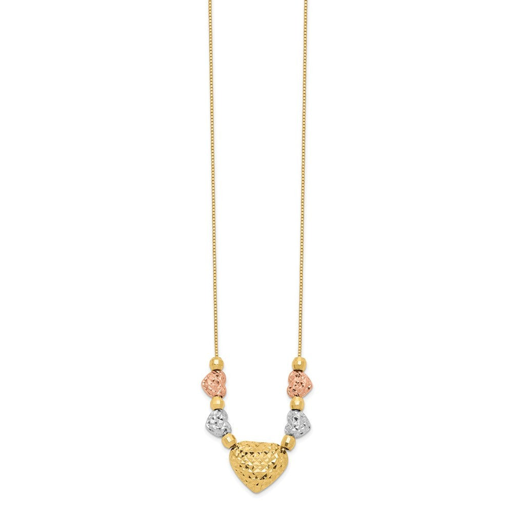 14k Tri-color Gold Puff & Flat Hearts Necklace