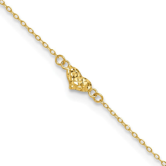 14k Yellow Gold Polished Diamond-cut Triple Puffed Hearts 10" Anklet