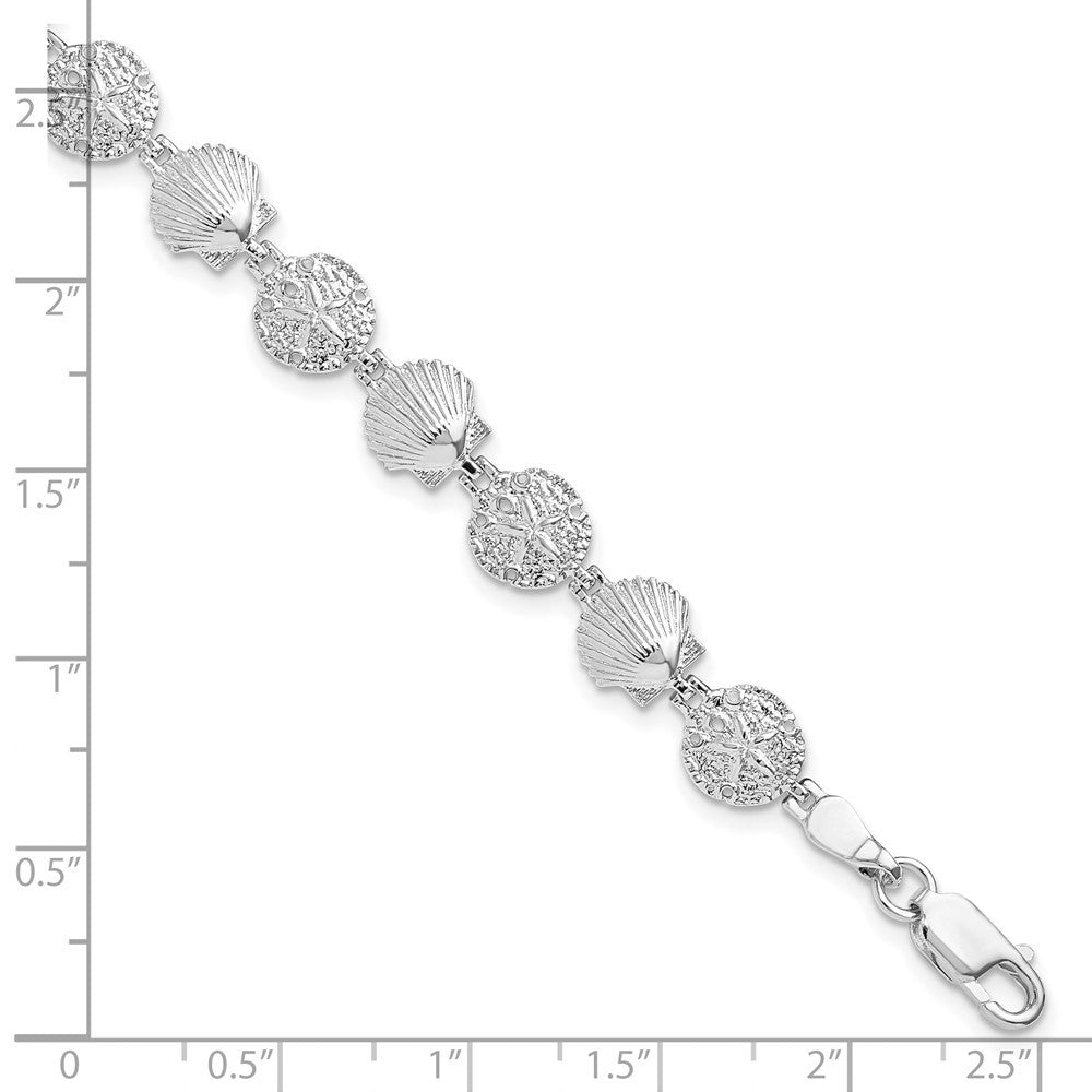 Sterling Silver Rhodium-plated Polished Sand Dollar and Shell 7.25 inch Bracelet