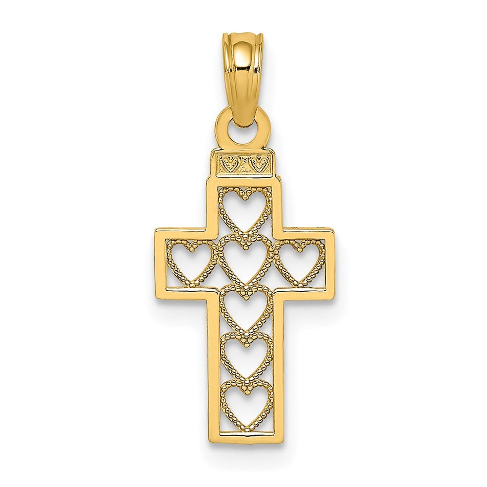 14k Yellow Gold Cut-Out Heart Design Cross Charm