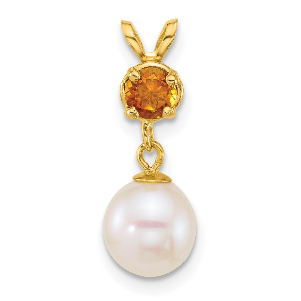 14k Yellow Gold 7-8mm Round White Cultured Pearl Dangle and Citrine Pendant