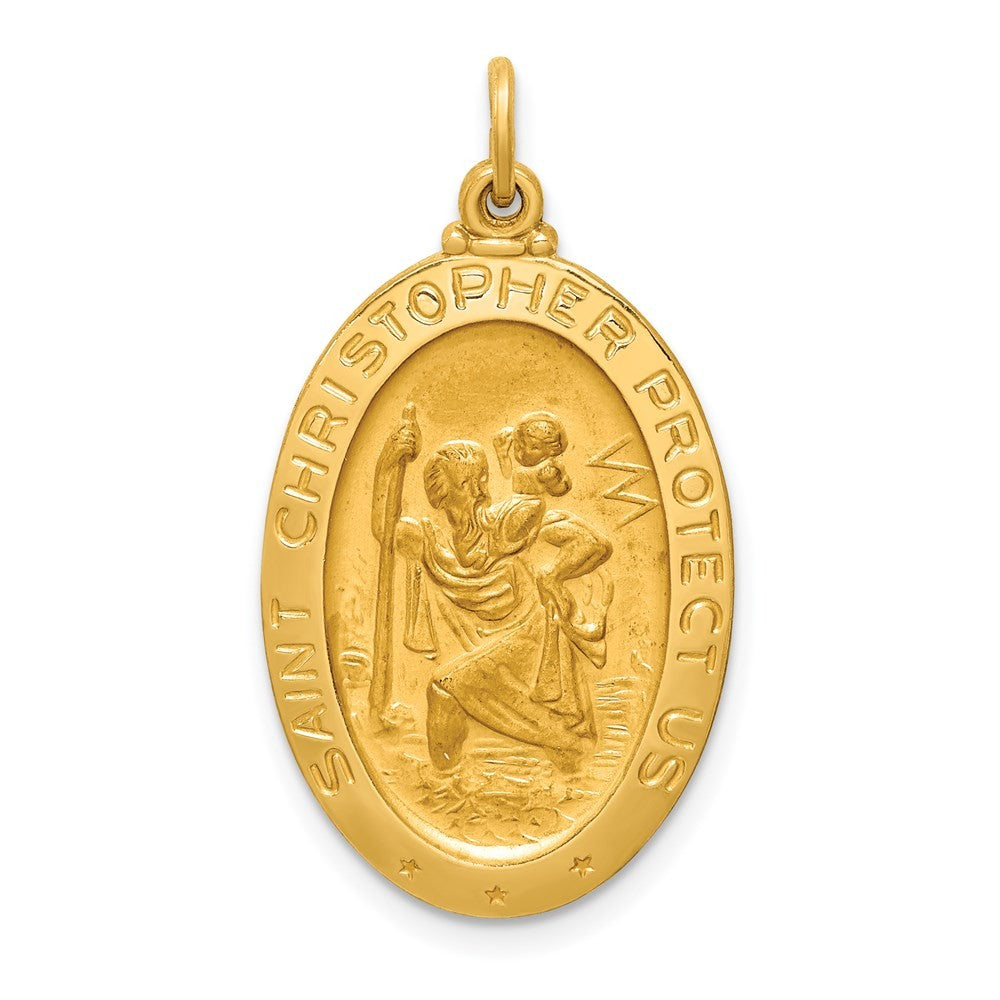 14k Yellow Gold Solid Polished Satin Medium Oval St. Christopher Medal