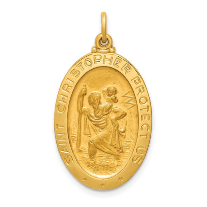14k Yellow Gold Solid Polished Satin Medium Oval St. Christopher Medal